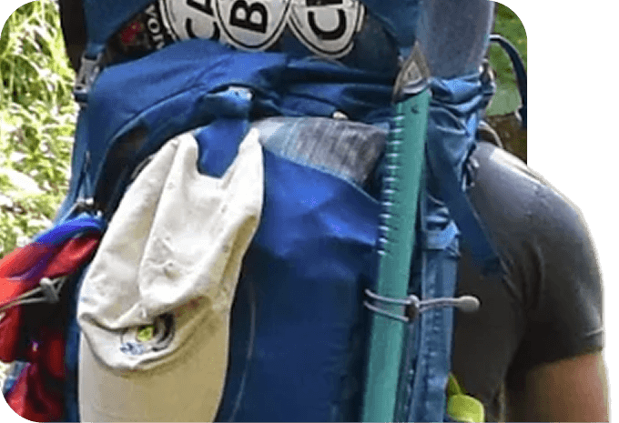 Hiker wearing a blue backpack in the bush